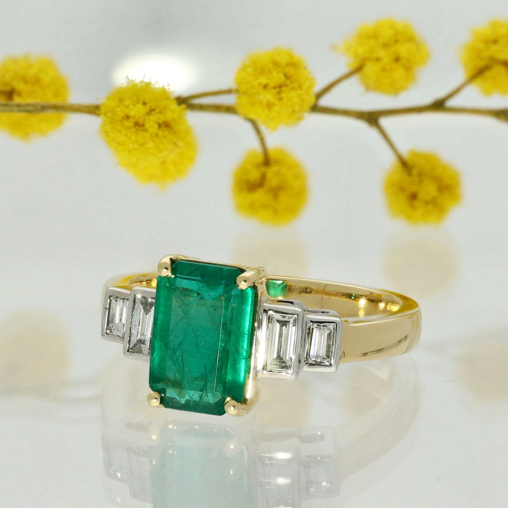 Art Deco style 18ct Gold Emerald Baguette Diamond Five Stone