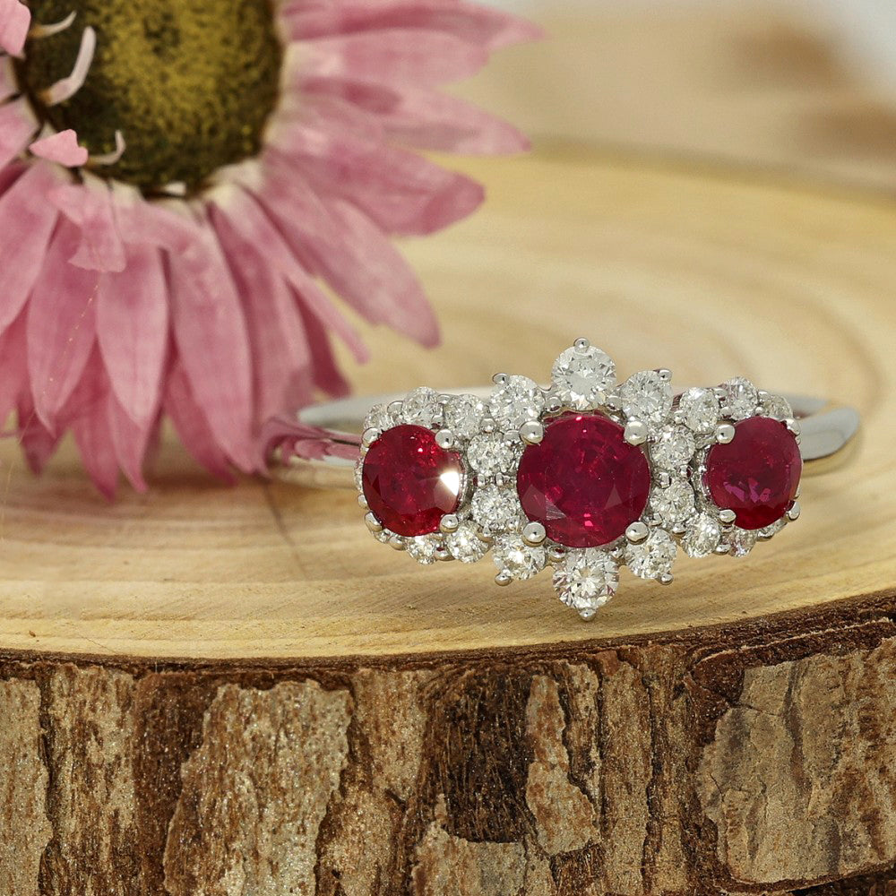 18ct White Gold Ruby Diamond Trilogy Halo Cluster Ring