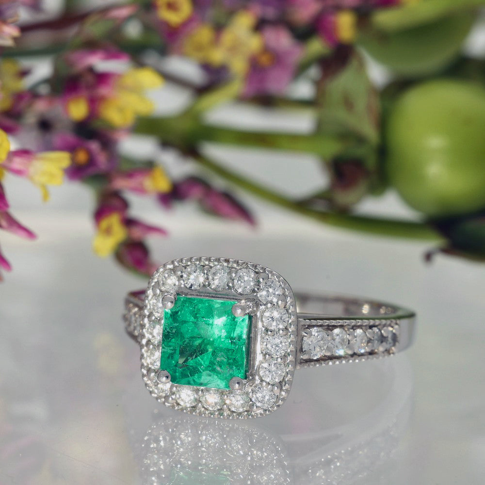 Platinum Emerald Diamond Square Halo Cluster Ring – GoldArts