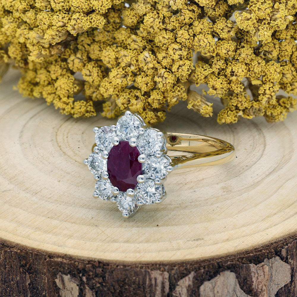 18ct Yellow Gold Ruby Diamond Halo Cluster Ring Eastbourne