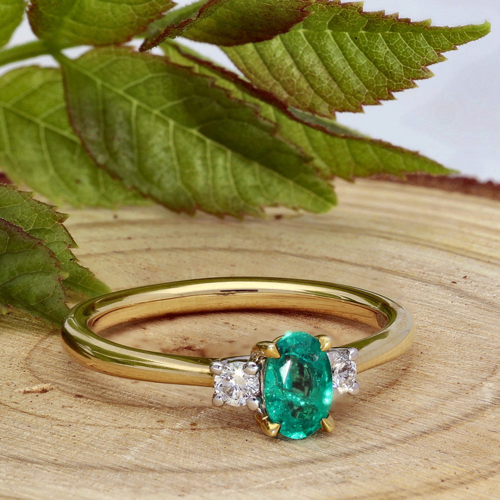 18ct Yellow Gold Oval Emerald and Diamond Trilogy Ring