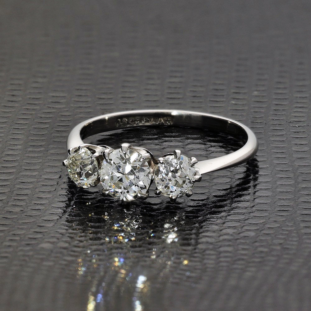 Antique 18ct White Gold Old Cut Diamond Trilogy Engagement Ring