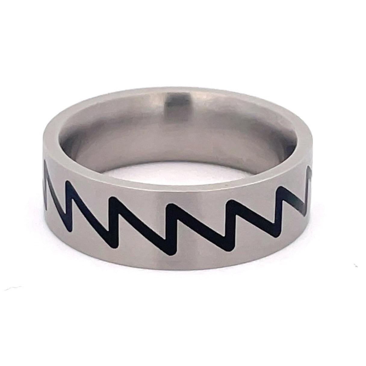 7mm Stainless Steel Black Zig-Zag Ring - Size S