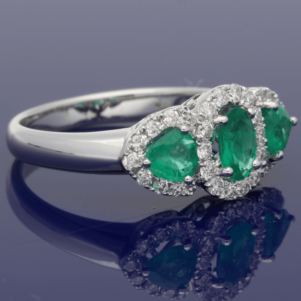18ct White Gold Emerald & Diamond Trilogy Cluster Ring - GoldArts