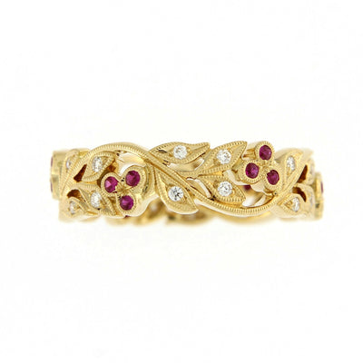 Ungar Cherry Blossom Ring 18ct Yellow Gold Diamond & Ruby Full Eternity Ring
