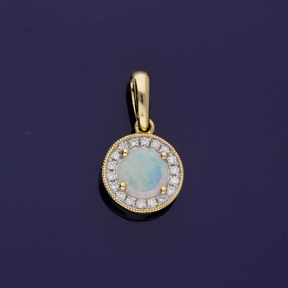 18ct Yellow Gold Opal and Diamond Round Cluster Pendant
