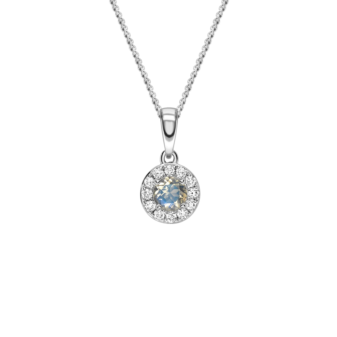 9ct White Gold Moonstone and Diamond Cluster Birthstone Pendant with Chain