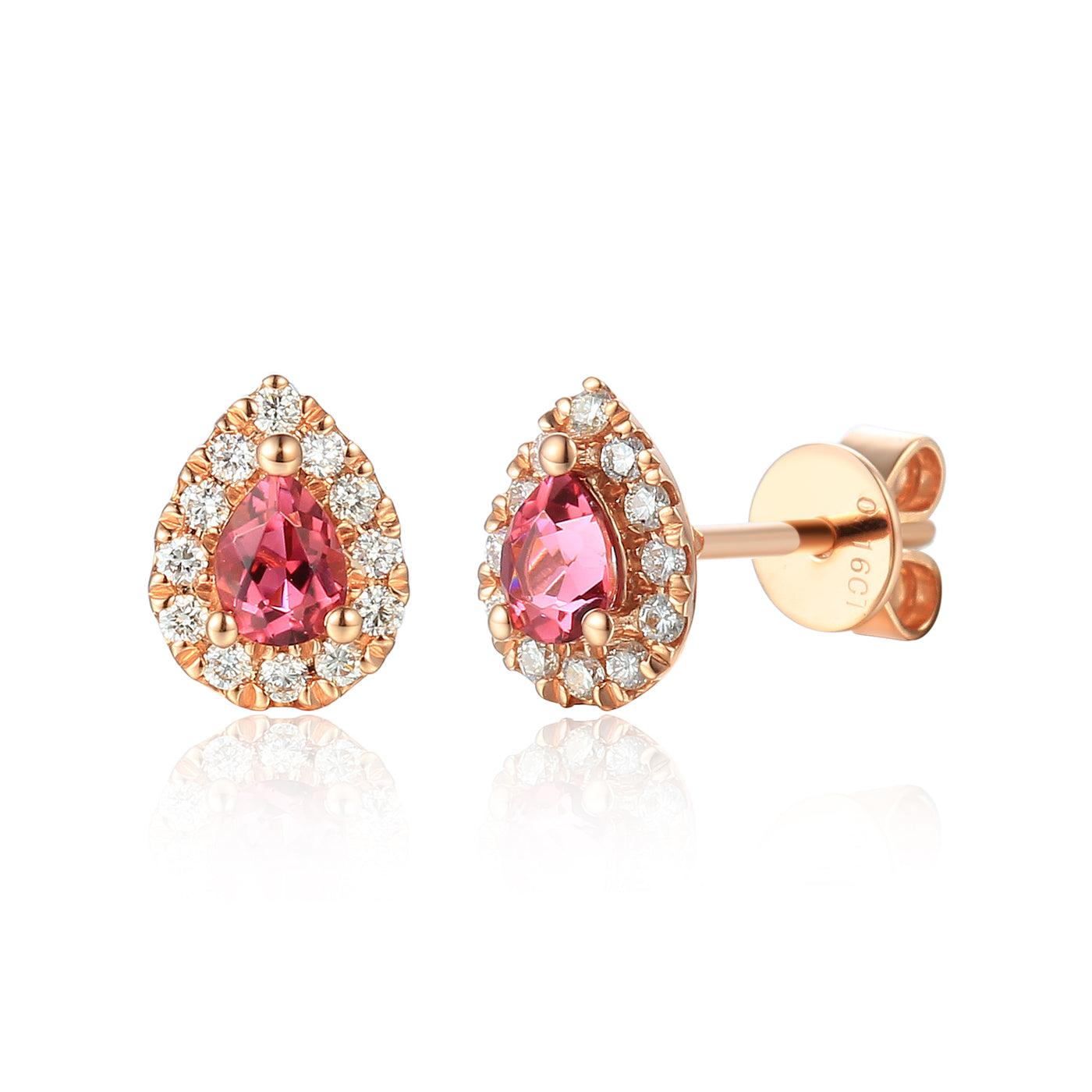 9ct Rose Gold Pear Shape Pink Tourmaline and Diamond Cluster Birthstone Stud Earrings
