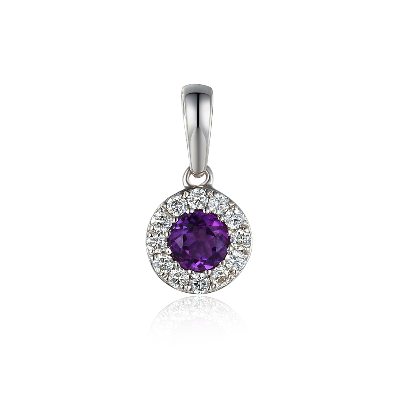 9ct White Gold Amethyst and Diamond Cluster Birthstone Pendant with Chain