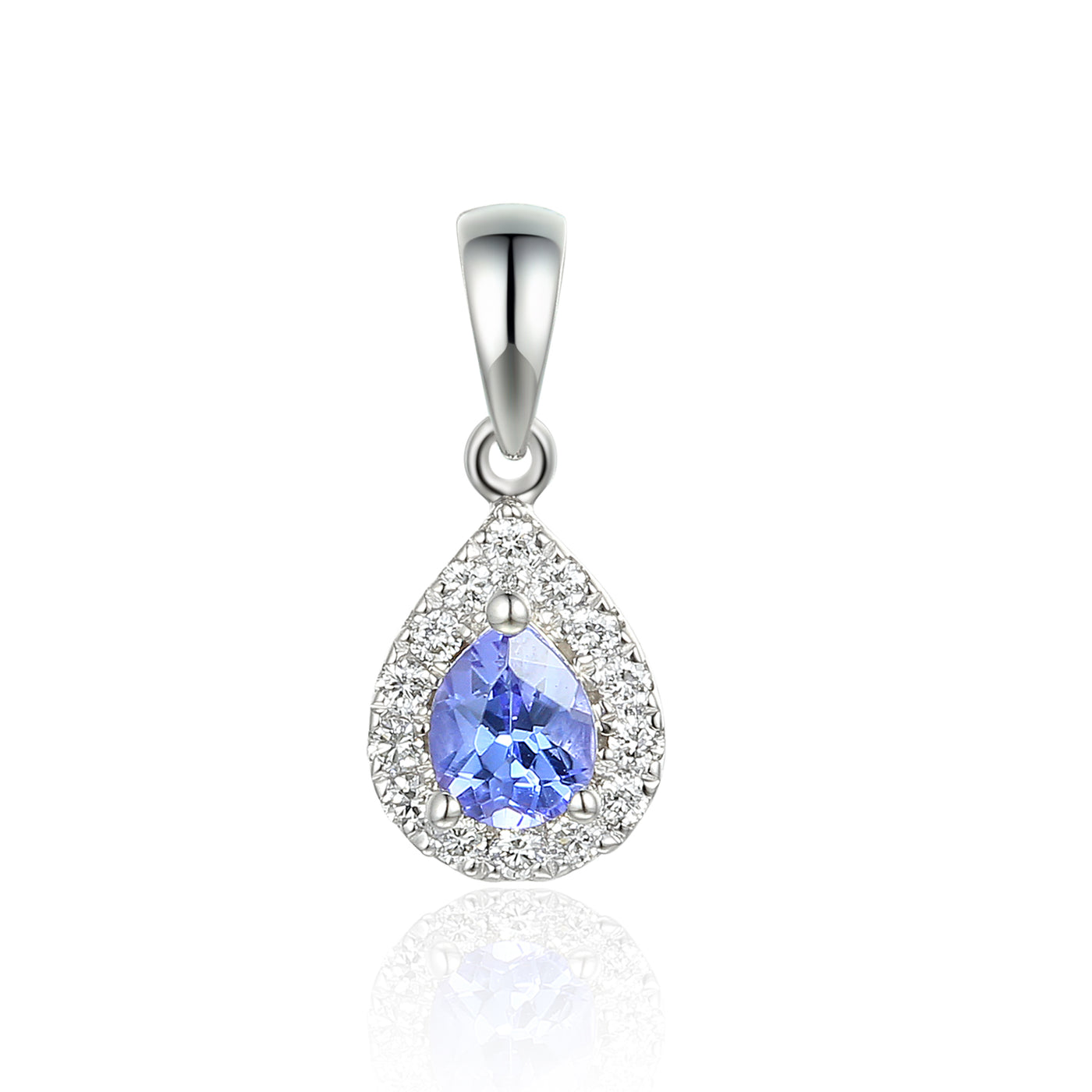 9ct White Gold Pear Shape Tanzanite and Diamond Cluster Birthstone Pendant with Chain