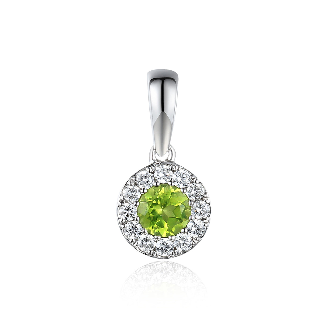 9ct White Gold Peridot and Diamond Cluster Birthstone Pendant with Chain