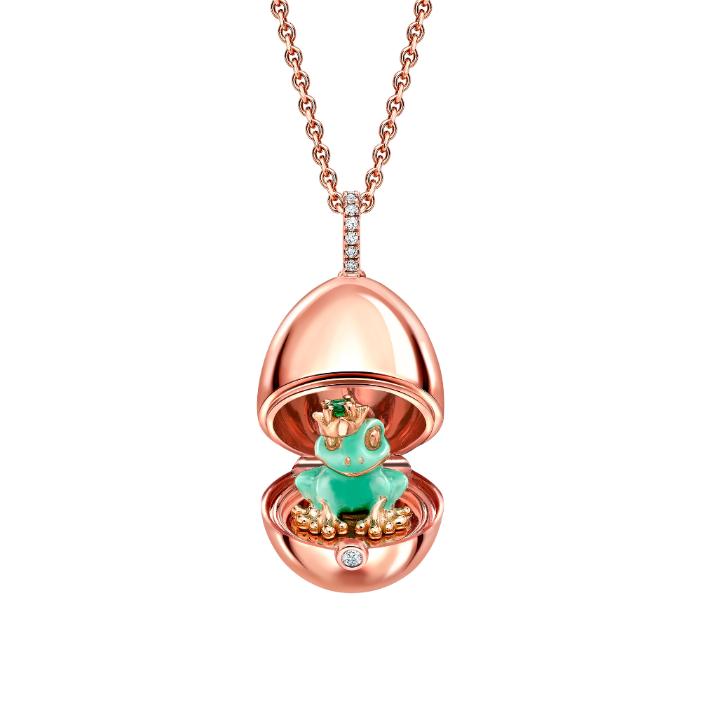 Fabergé Essence Rose Gold Green Lacquer Frog Surprise Locket