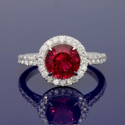 18ct White Gold Rubellite and Diamond Halo Cluster Ring with Diamond Set Shoulders - GoldArts