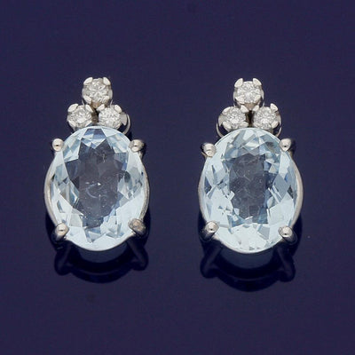 18ct White Gold Aquamarine and Diamond Drop Stud Earrings - GoldArts