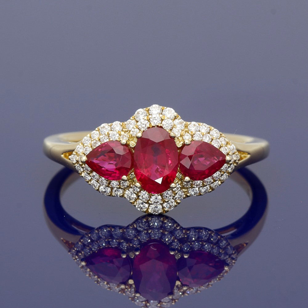 18ct Yellow Gold Ruby Diamond Trilogy Cluster Ring Brighton