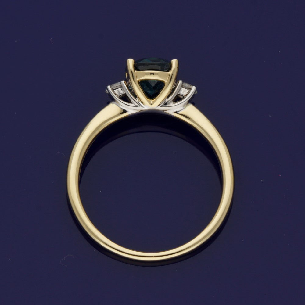 18ct Yellow Gold Teal Tourmaline & Diamond Trilogy Ring
