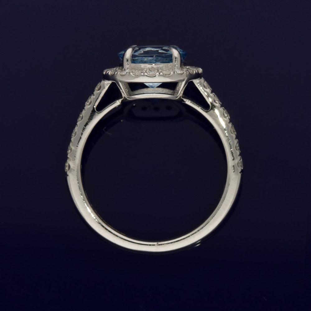 18ct White Gold Aquamarine and Diamond Halo Cluster Ring with Diamond Set Shoulders - GoldArts