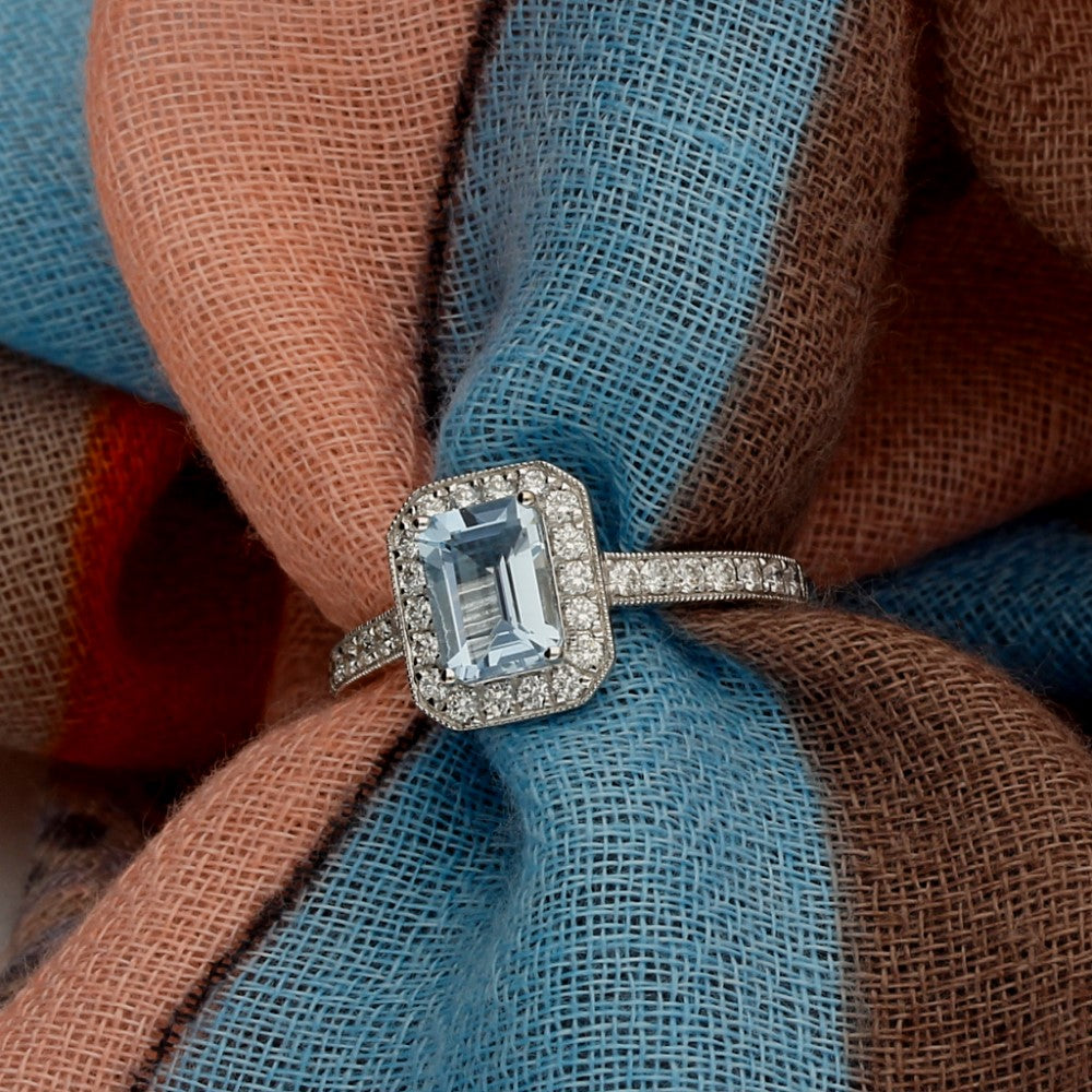 18ct White Gold Aquamarine & Diamond Halo Ring with Diamond Set Shoulders