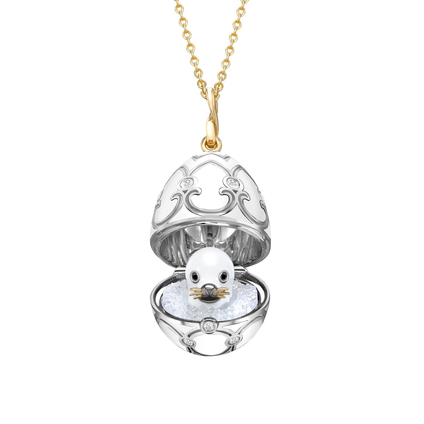 Fabergé Heritage Yellow and White Gold Diamond and White Enamel Seal Pup Surprise Locket