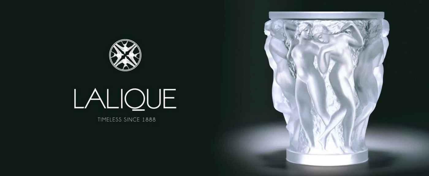 Lalique Bacchantes vase and Lalique logo