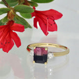 18ct Yellow Gold Pink & Black Bi Colour Tourmaline & Diamond Trilogy Ring
