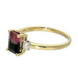 18ct Yellow Gold Pink & Black Bi Colour Tourmaline & Diamond Trilogy Ring