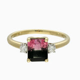 18ct Yellow Gold Pink & Black Bi Colour Tourmaline & Diamond Trilogy Ring