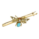 Pre-owned Antique 9ct Gold Old Cut Turquoise and Pearl Insect Brooch
