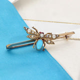 Pre-owned Antique 9ct Gold Old Cut Turquoise and Pearl Insect Brooch