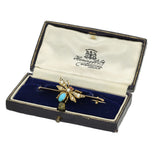Pre-owned Antique 9ct Gold Old Cut Turquoise and Pearl Insect Brooch