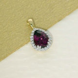 9ct Yellow Gold Pear Cut Purple Garnet & Diamond Teardrop Halo Pendant