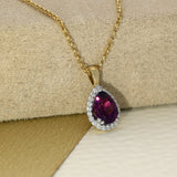 9ct Yellow Gold Pear Cut Purple Garnet & Diamond Teardrop Halo Pendant