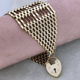 Vintage 1970's 9ct Yellow Gold 12 Row Gate Bracelet with Heart Padlock