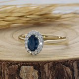 9ct Yellow Gold Oval Sapphire & Diamond Halo Ring