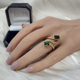 18ct Yellow Gold 2 Stone Green & Yellow Emerald Cut Tourmaline Rub-over Set Spiral Ring