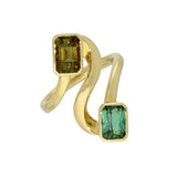 18ct Yellow Gold 2 Stone Green & Yellow Emerald Cut Tourmaline Rub-over Set Spiral Ring