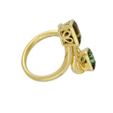 18ct Yellow Gold 2 Stone Green & Yellow Emerald Cut Tourmaline Rub-over Set Spiral Ring