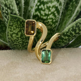 18ct Yellow Gold 2 Stone Green & Yellow Emerald Cut Tourmaline Rub-over Set Spiral Ring