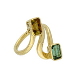 18ct Yellow Gold 2 Stone Green & Yellow Emerald Cut Tourmaline Rub-over Set Spiral Ring