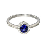 18ct White Gold Sapphire & Diamond Halo Shoulders Ring