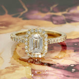 18ct Yellow Gold Laboratory-Grown 1ct Emerald Cut Diamond Halo Shoulders Ring
