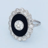 Art Deco Inspired Old Cut Diamond and Onyx Cluster Cocktail Ring