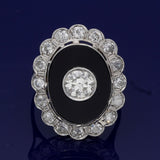 Art Deco Inspired Old Cut Diamond and Onyx Cluster Cocktail Ring