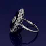 Art Deco Inspired Old Cut Diamond and Onyx Cluster Cocktail Ring