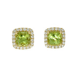 18ct Yellow Gold 1.23ct Cushion Peridot & 0.20ct Diamond Halo Cluster Studs Earrings
