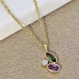 9ct Yellow Gold Purple Sapphire, Green Garnet & Diamond Mix Cut Pendant