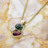 9ct Yellow Gold Cabochon Pink & Green Garnet with Diamond Mix Cut Pendant