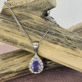18ct White Gold Pear Cut Tanzanite & Diamond Teardrop Halo Pendant