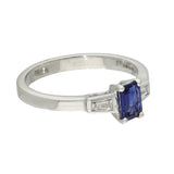 18ct White Gold 0.53ct Emerald Cut Sapphire and Tapered Baguette Diamond 3 Stone Ring