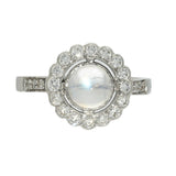 18ct White Gold Cabochon Moonstone & Diamond Halo Ring